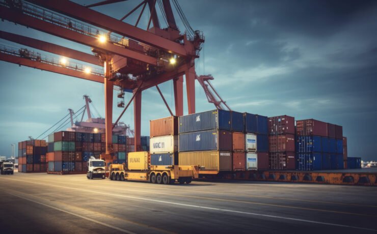 Logistics and transportation of Container Cargo ship and Cargo plane with working crane bridge in shipyard at sunrise, logistic import export and transport industry background.
