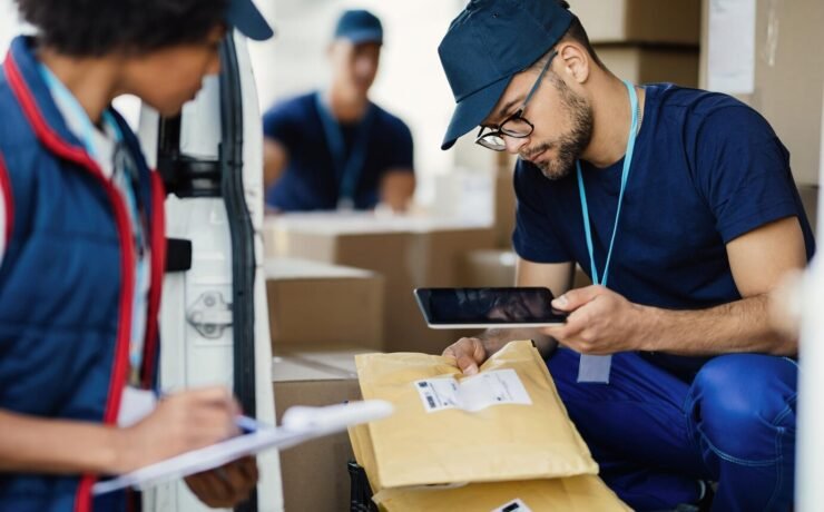 young-delivery-man-using-digital-tablet-scanning-bar-code-package-label-while-preparing-shipment-with-his-coworker_637285-2261
